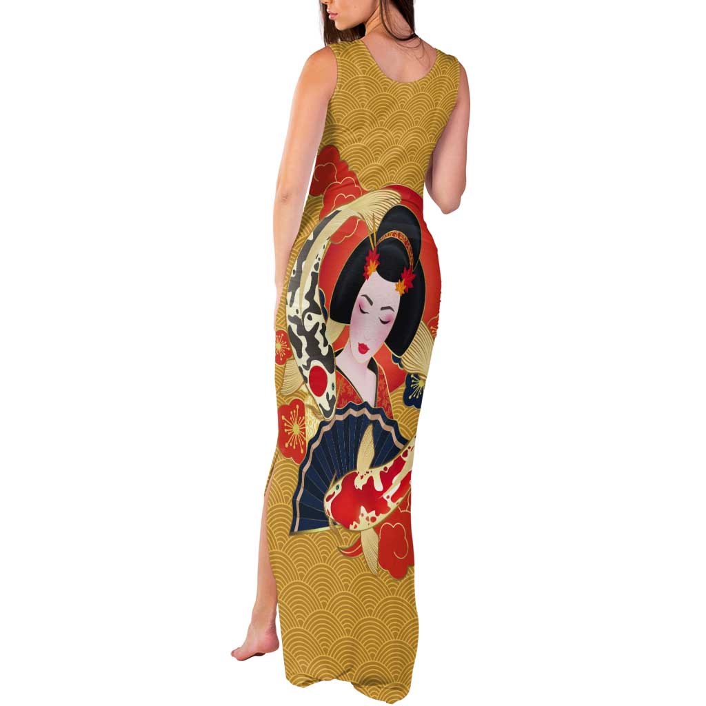 Japanese Geisha Koi Fish Tank Maxi Dress Cherry Blossoms Yellow Seigaiha Pattern LT14 - Polynesian Pride