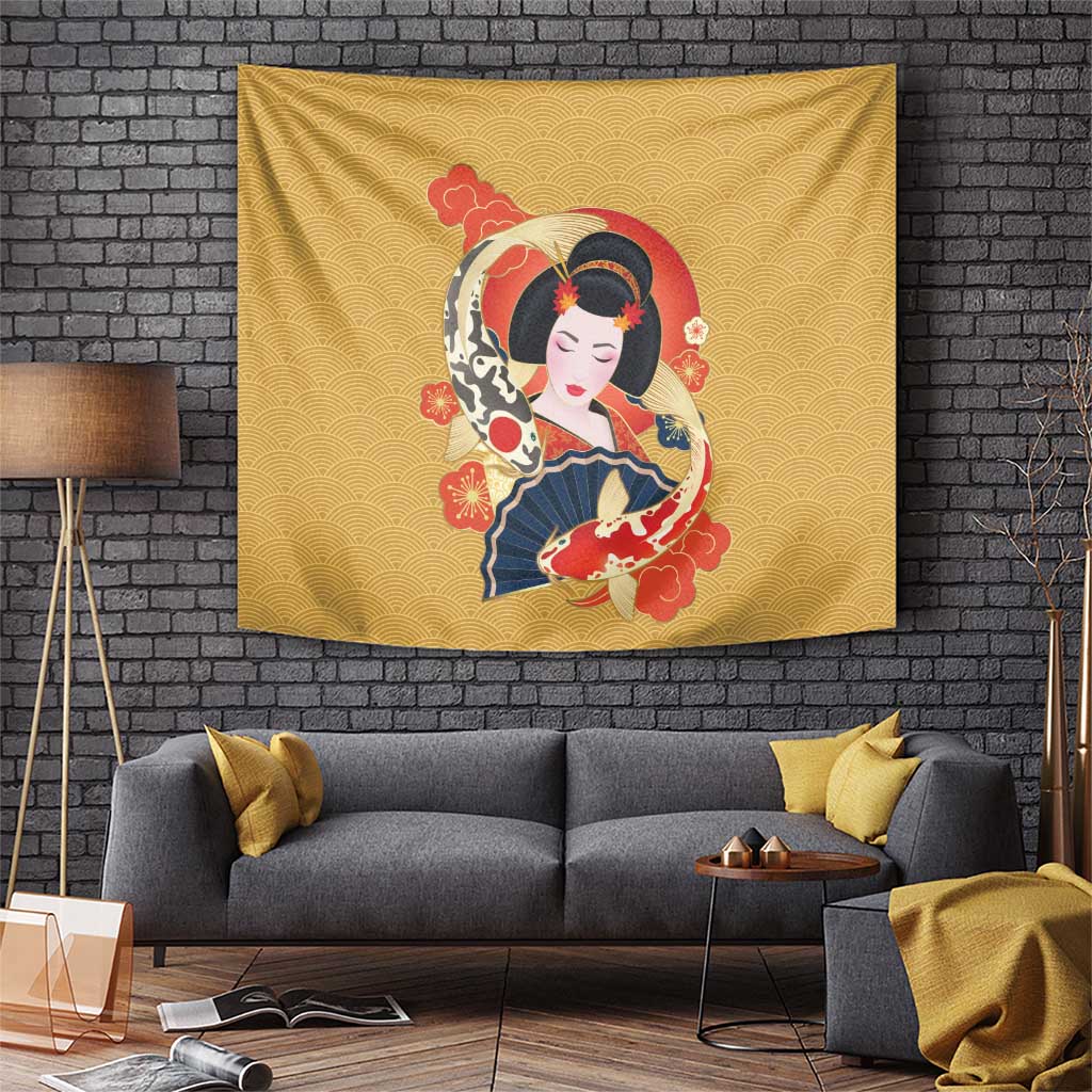 Japanese Geisha Koi Fish Tapestry Cherry Blossoms Yellow Seigaiha Pattern LT14 Yellow - Polynesian Pride