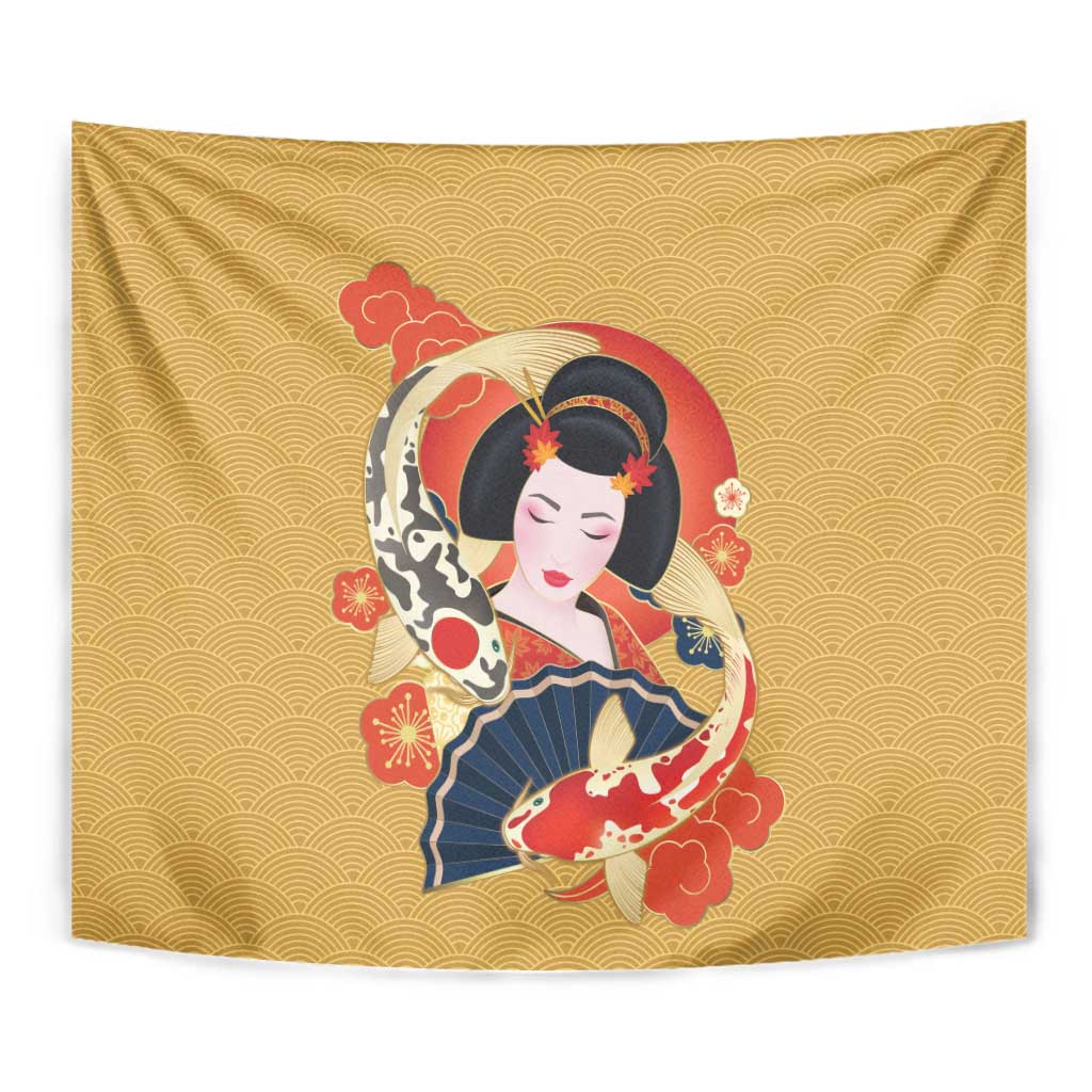 Japanese Geisha Koi Fish Tapestry Cherry Blossoms Yellow Seigaiha Pattern LT14 - Polynesian Pride