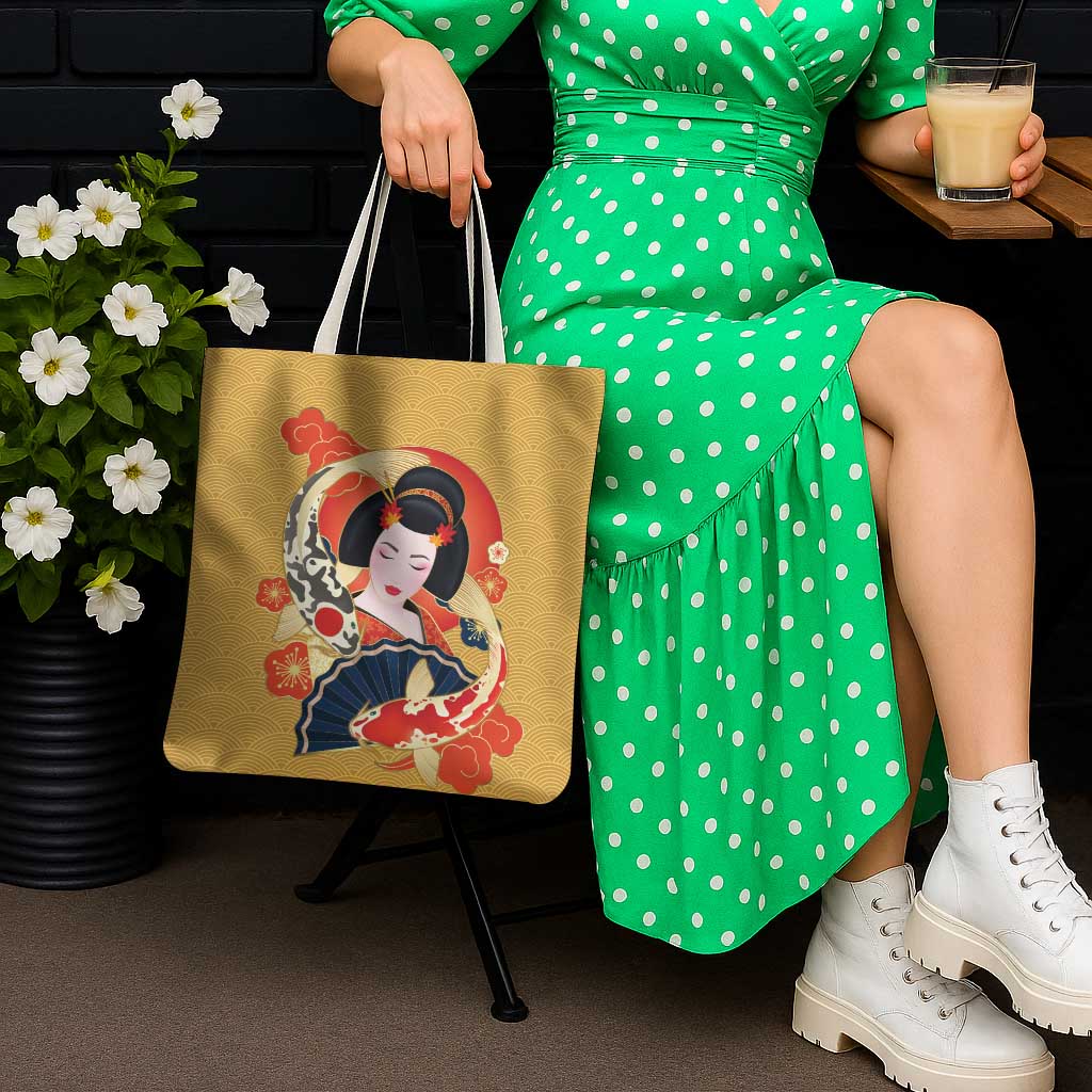 Japanese Geisha Koi Fish Tote Bag Cherry Blossoms Yellow Seigaiha Pattern LT14 - Polynesian Pride