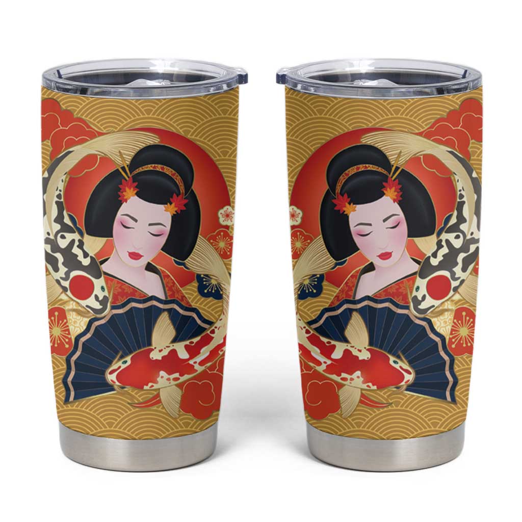 Japanese Geisha Koi Fish Tumbler Cup Cherry Blossoms Yellow Seigaiha Pattern - Polynesian Pride