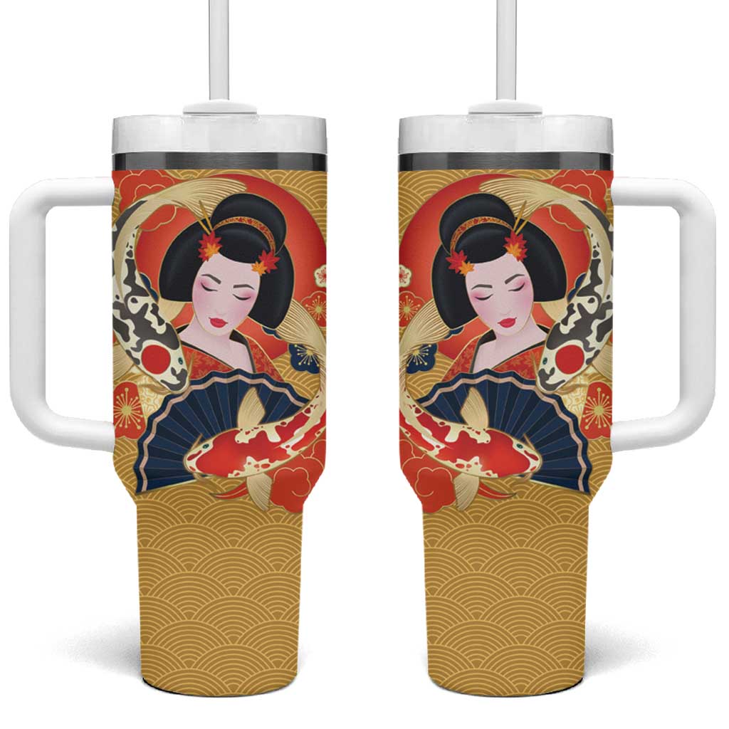 Japanese Geisha Koi Fish Tumbler With Handle Cherry Blossoms Yellow Seigaiha Pattern LT14 One Size: 40 oz Yellow - Polynesian Pride