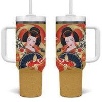 Japanese Geisha Koi Fish Tumbler With Handle Cherry Blossoms Yellow Seigaiha Pattern LT14 One Size: 40 oz Yellow - Polynesian Pride