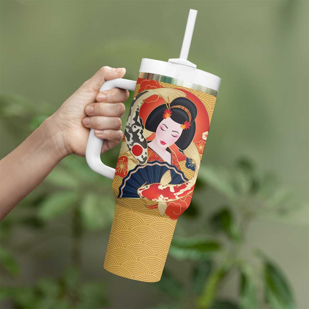 Japanese Geisha Koi Fish Tumbler With Handle Cherry Blossoms Yellow Seigaiha Pattern LT14 - Polynesian Pride