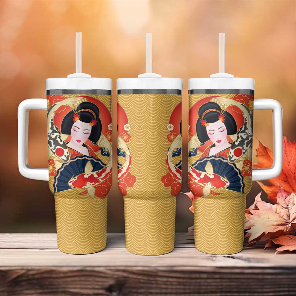 Japanese Geisha Koi Fish Tumbler With Handle Cherry Blossoms Yellow Seigaiha Pattern LT14 - Polynesian Pride
