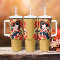 Japanese Geisha Koi Fish Tumbler With Handle Cherry Blossoms Yellow Seigaiha Pattern LT14 - Polynesian Pride