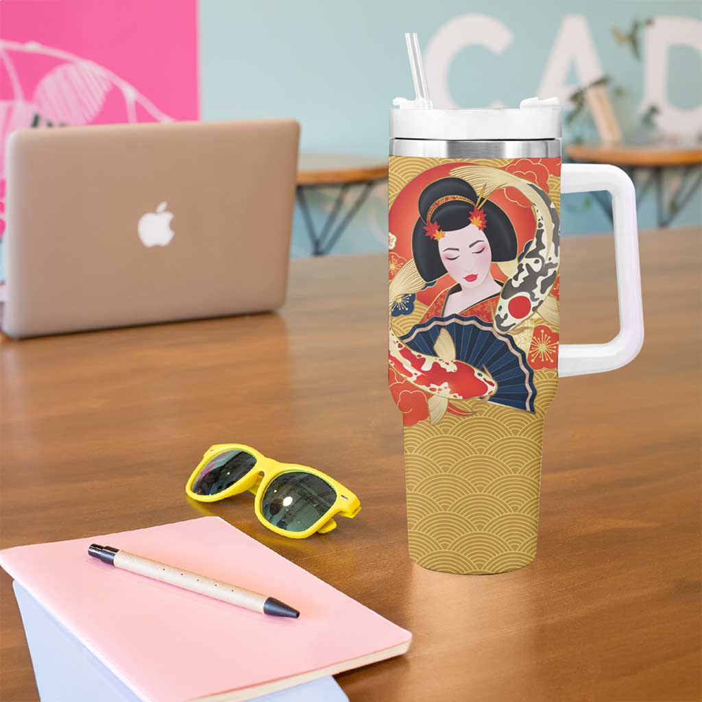 Japanese Geisha Koi Fish Tumbler With Handle Cherry Blossoms Yellow Seigaiha Pattern LT14 - Polynesian Pride