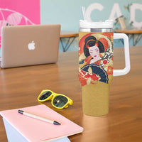 Japanese Geisha Koi Fish Tumbler With Handle Cherry Blossoms Yellow Seigaiha Pattern LT14 - Polynesian Pride