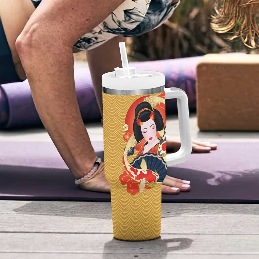 Japanese Geisha Koi Fish Tumbler With Handle Cherry Blossoms Yellow Seigaiha Pattern LT14 - Polynesian Pride