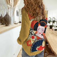 Japanese Geisha Koi Fish Women Casual Shirt Cherry Blossoms Yellow Seigaiha Pattern LT14 - Polynesian Pride