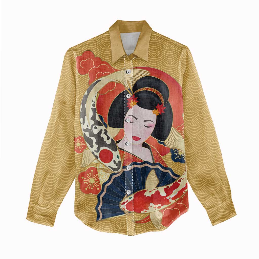 Japanese Geisha Koi Fish Women Casual Shirt Cherry Blossoms Yellow Seigaiha Pattern LT14 - Polynesian Pride