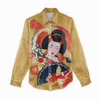 Japanese Geisha Koi Fish Women Casual Shirt Cherry Blossoms Yellow Seigaiha Pattern LT14 - Polynesian Pride