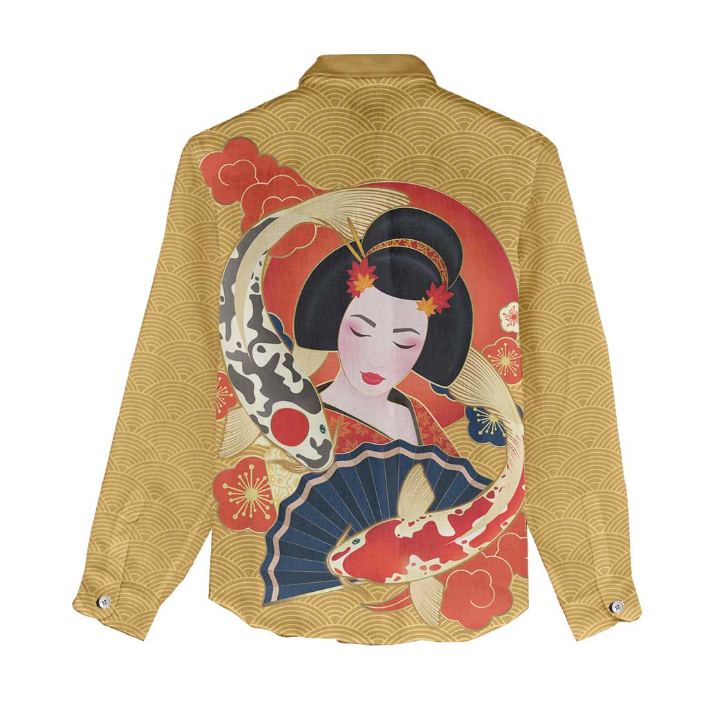 Japanese Geisha Koi Fish Women Casual Shirt Cherry Blossoms Yellow Seigaiha Pattern LT14 - Polynesian Pride
