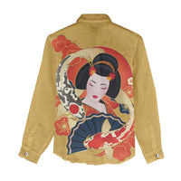 Japanese Geisha Koi Fish Women Casual Shirt Cherry Blossoms Yellow Seigaiha Pattern LT14 - Polynesian Pride