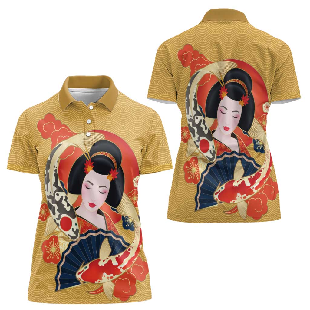 Japanese Geisha Koi Fish Women Polo Shirt Cherry Blossoms Yellow Seigaiha Pattern LT14 - Polynesian Pride