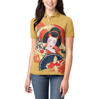 Japanese Geisha Koi Fish Women Polo Shirt Cherry Blossoms Yellow Seigaiha Pattern LT14 - Polynesian Pride