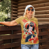 Japanese Geisha Koi Fish Women Polo Shirt Cherry Blossoms Yellow Seigaiha Pattern LT14 - Polynesian Pride