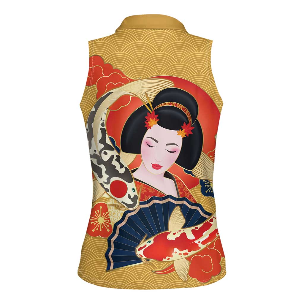 Japanese Geisha Koi Fish Women Sleeveless Polo Shirt Cherry Blossoms Yellow Seigaiha Pattern - Polynesian Pride