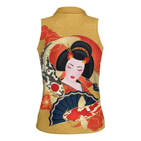 Japanese Geisha Koi Fish Women Sleeveless Polo Shirt Cherry Blossoms Yellow Seigaiha Pattern - Polynesian Pride