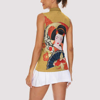 Japanese Geisha Koi Fish Women Sleeveless Polo Shirt Cherry Blossoms Yellow Seigaiha Pattern - Polynesian Pride