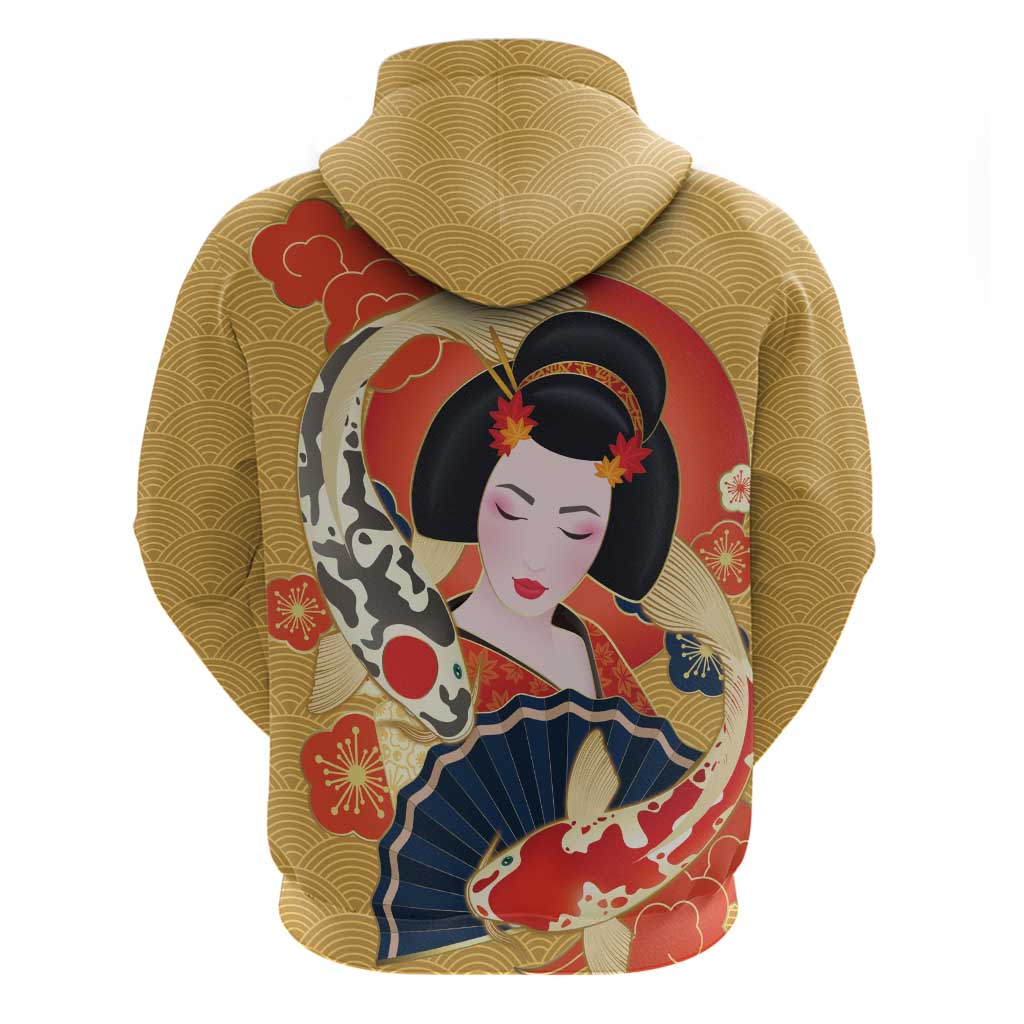 Japanese Geisha Koi Fish Zip Hoodie Cherry Blossoms Yellow Seigaiha Pattern LT14 - Polynesian Pride