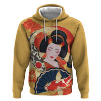 Japanese Geisha Koi Fish Zip Hoodie Cherry Blossoms Yellow Seigaiha Pattern LT14 Pullover Hoodie Yellow - Polynesian Pride