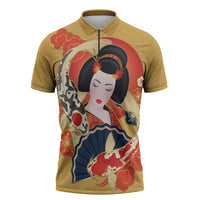 Japanese Geisha Koi Fish Zipper Polo Shirt Cherry Blossoms Yellow Seigaiha Pattern - Polynesian Pride