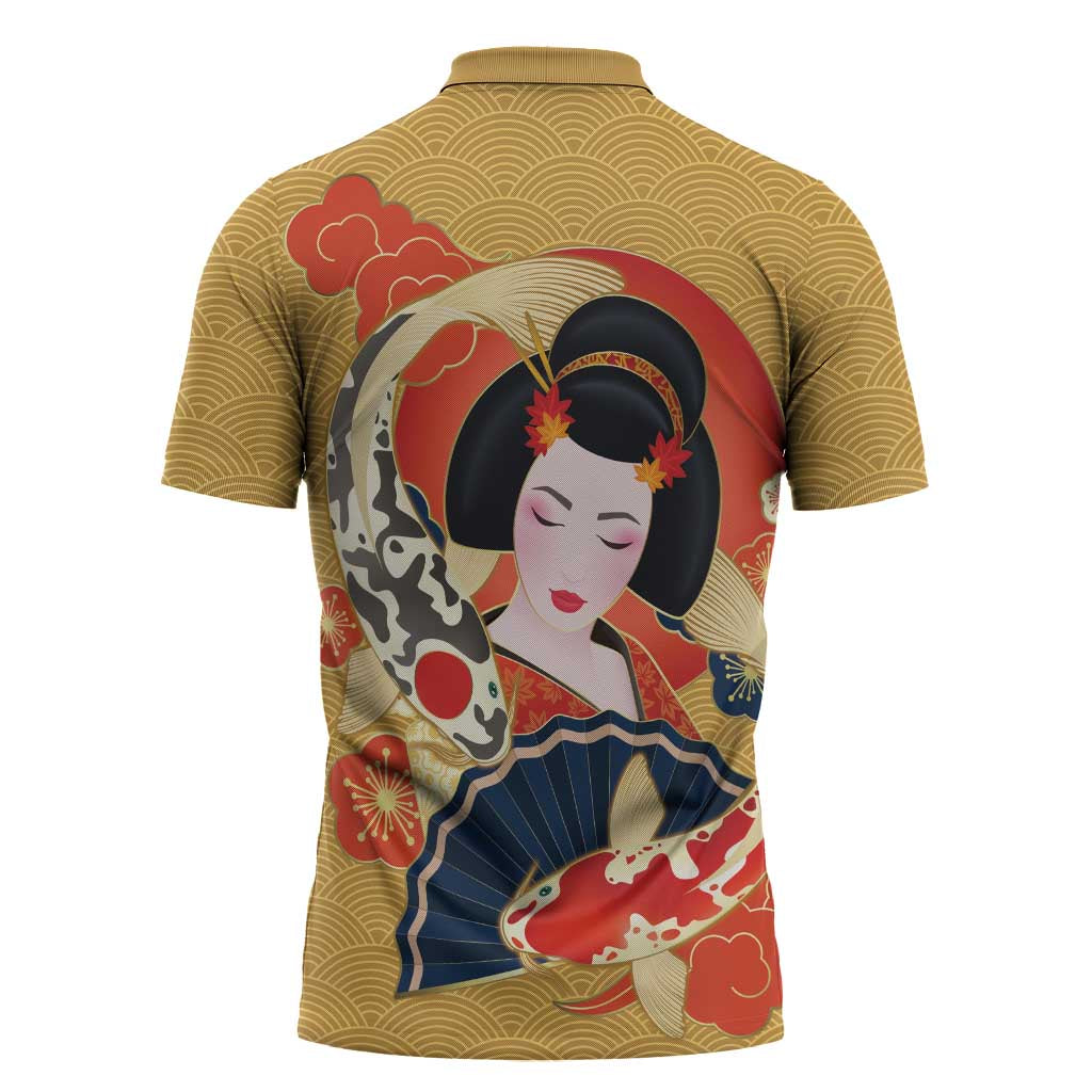 Japanese Geisha Koi Fish Zipper Polo Shirt Cherry Blossoms Yellow Seigaiha Pattern - Polynesian Pride