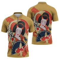 Japanese Geisha Koi Fish Zipper Polo Shirt Cherry Blossoms Yellow Seigaiha Pattern - Polynesian Pride