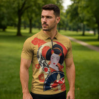 Japanese Geisha Koi Fish Zipper Polo Shirt Cherry Blossoms Yellow Seigaiha Pattern - Polynesian Pride