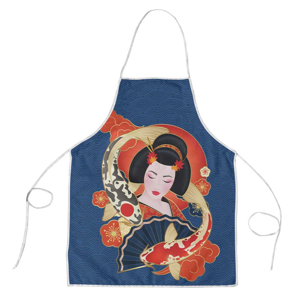 Japanese Geisha Koi Fish Apron Cherry Blossoms Blue Seigaiha Pattern LT14 Blue - Polynesian Pride