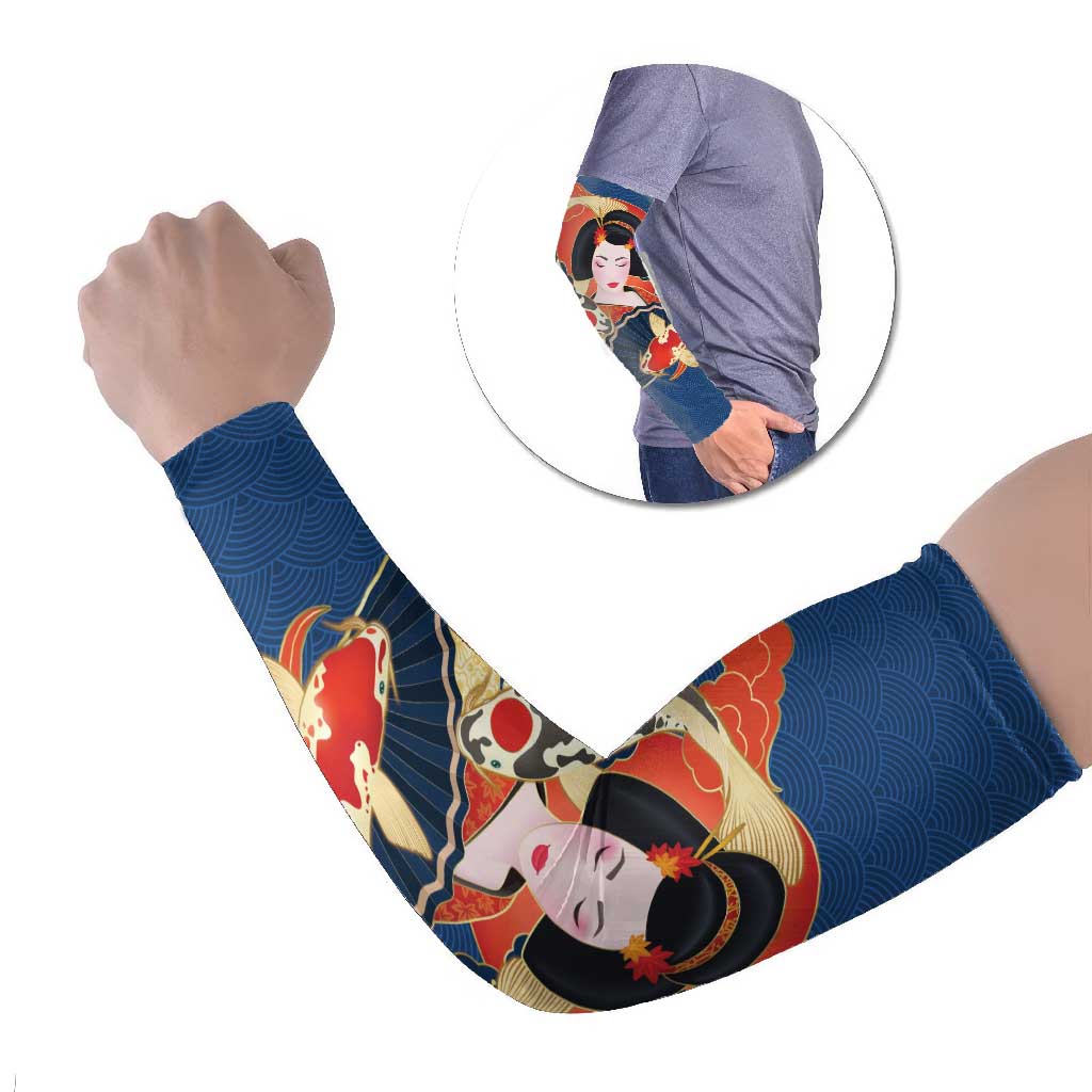 Japanese Geisha Koi Fish Arm Sleeves Cherry Blossoms Blue Seigaiha Pattern LT14 Set of 2 Blue - Polynesian Pride