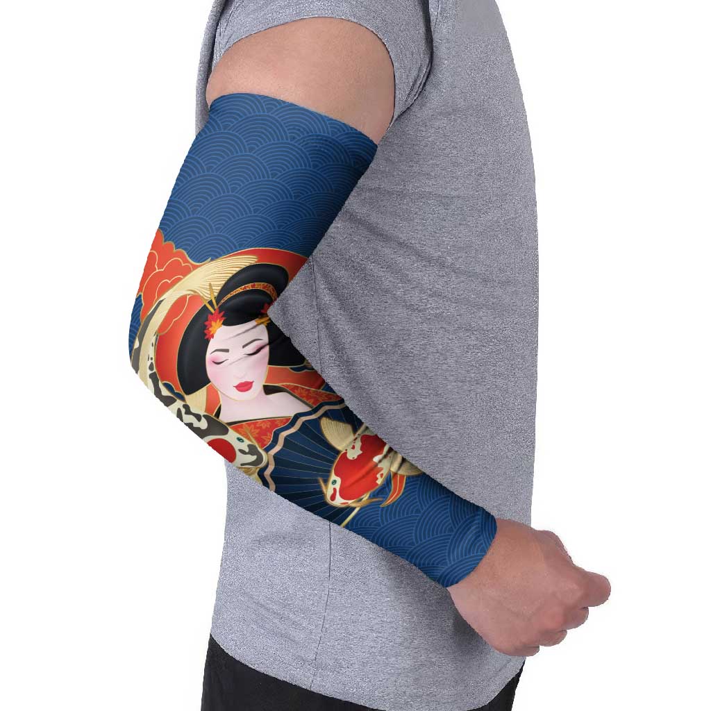Japanese Geisha Koi Fish Arm Sleeves Cherry Blossoms Blue Seigaiha Pattern LT14 - Polynesian Pride