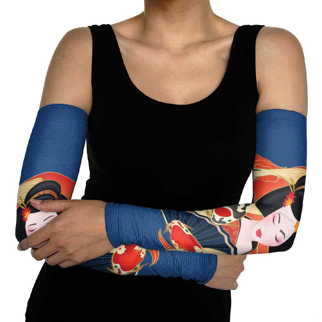 Japanese Geisha Koi Fish Arm Sleeves Cherry Blossoms Blue Seigaiha Pattern LT14 - Polynesian Pride