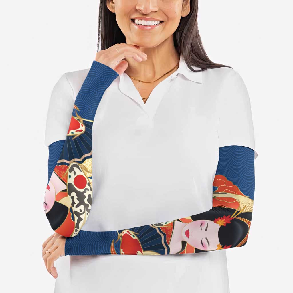 Japanese Geisha Koi Fish Arm Sleeves Cherry Blossoms Blue Seigaiha Pattern LT14 - Polynesian Pride