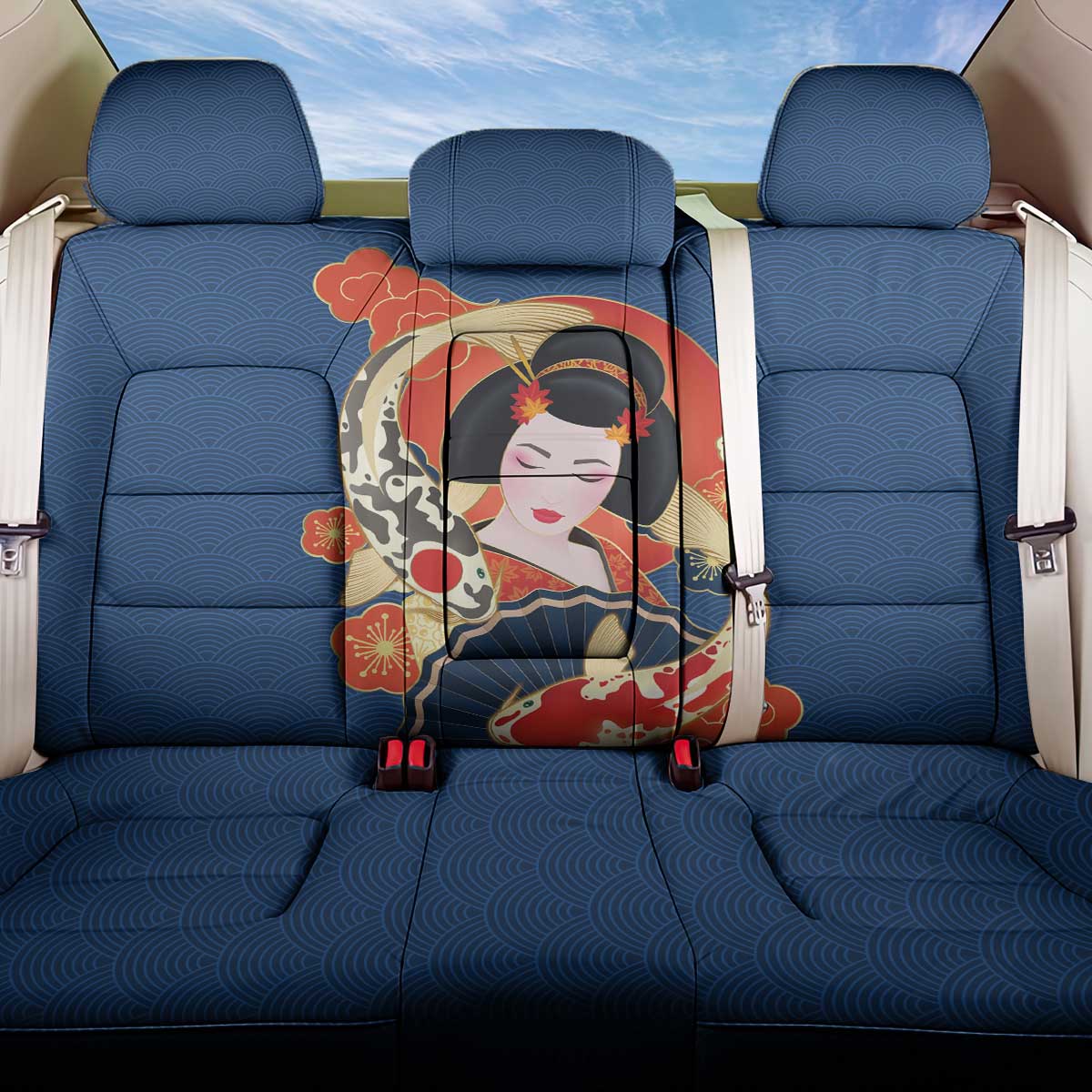 Japanese Geisha Koi Fish Back Car Seat Cover Cherry Blossoms Blue Seigaiha Pattern LT14 One Size Blue - Polynesian Pride