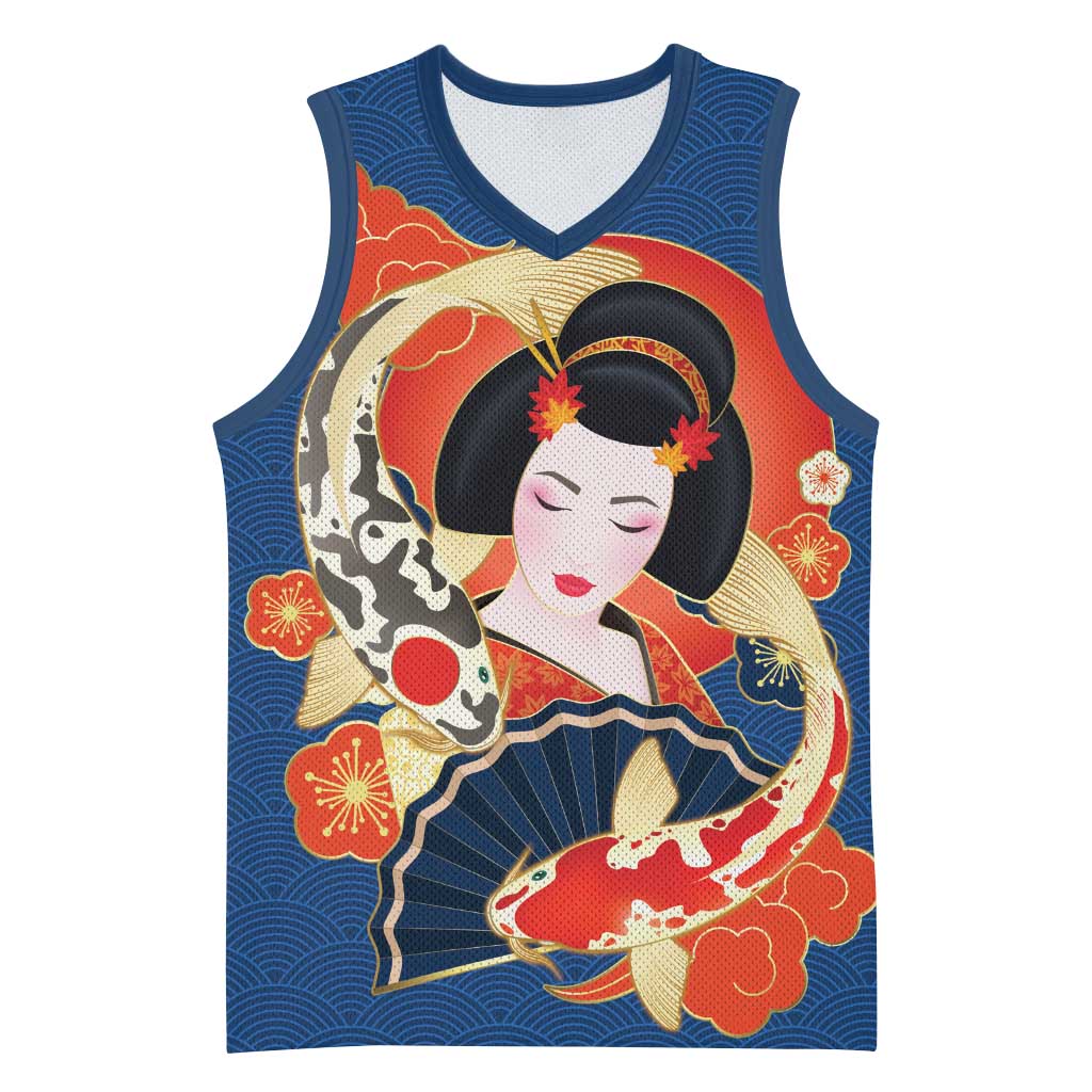Japanese Geisha Koi Fish Basketball Jersey Cherry Blossoms Blue Seigaiha Pattern - Polynesian Pride