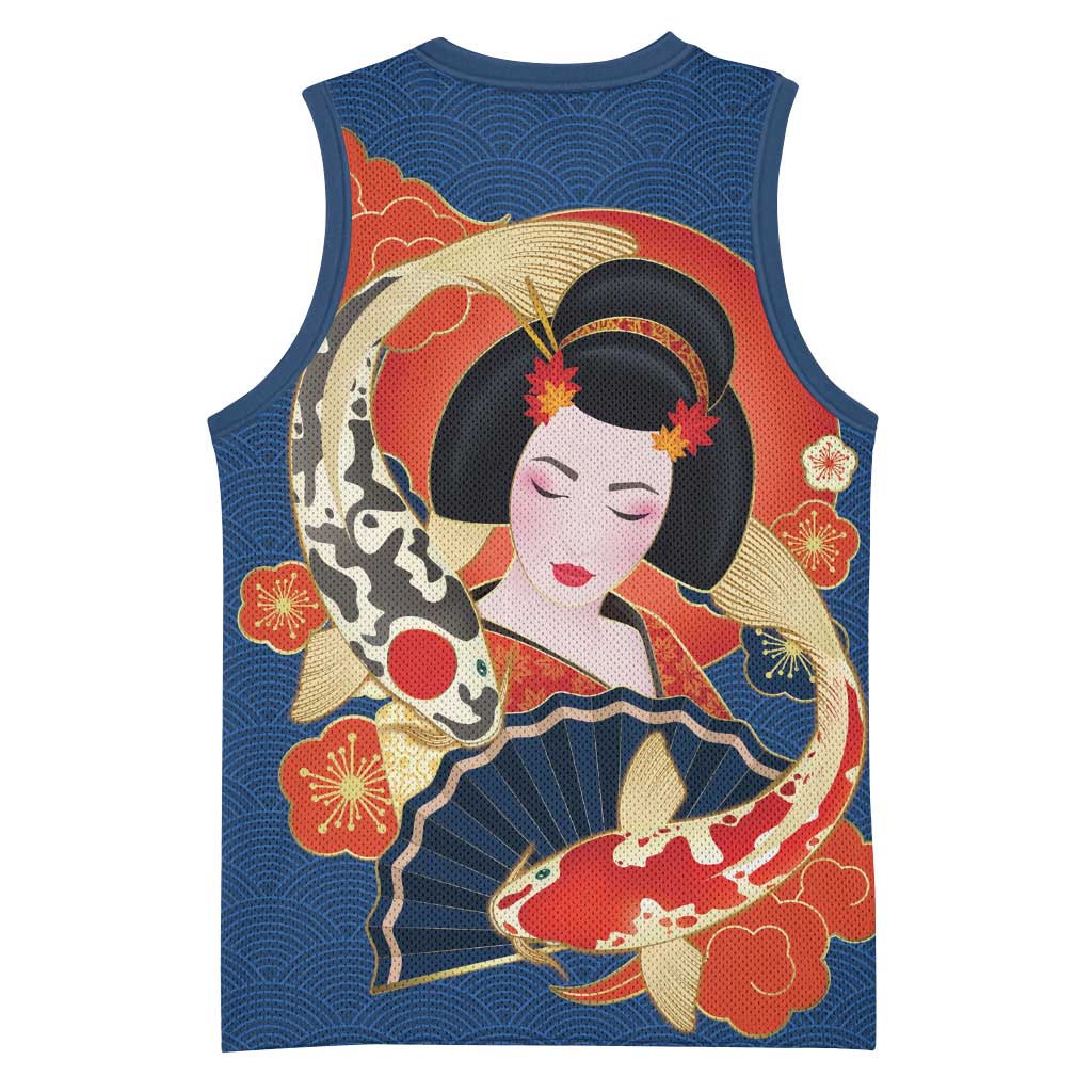 Japanese Geisha Koi Fish Basketball Jersey Cherry Blossoms Blue Seigaiha Pattern - Polynesian Pride