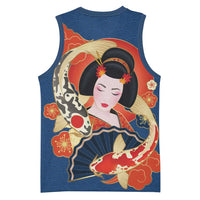 Japanese Geisha Koi Fish Basketball Jersey Cherry Blossoms Blue Seigaiha Pattern - Polynesian Pride