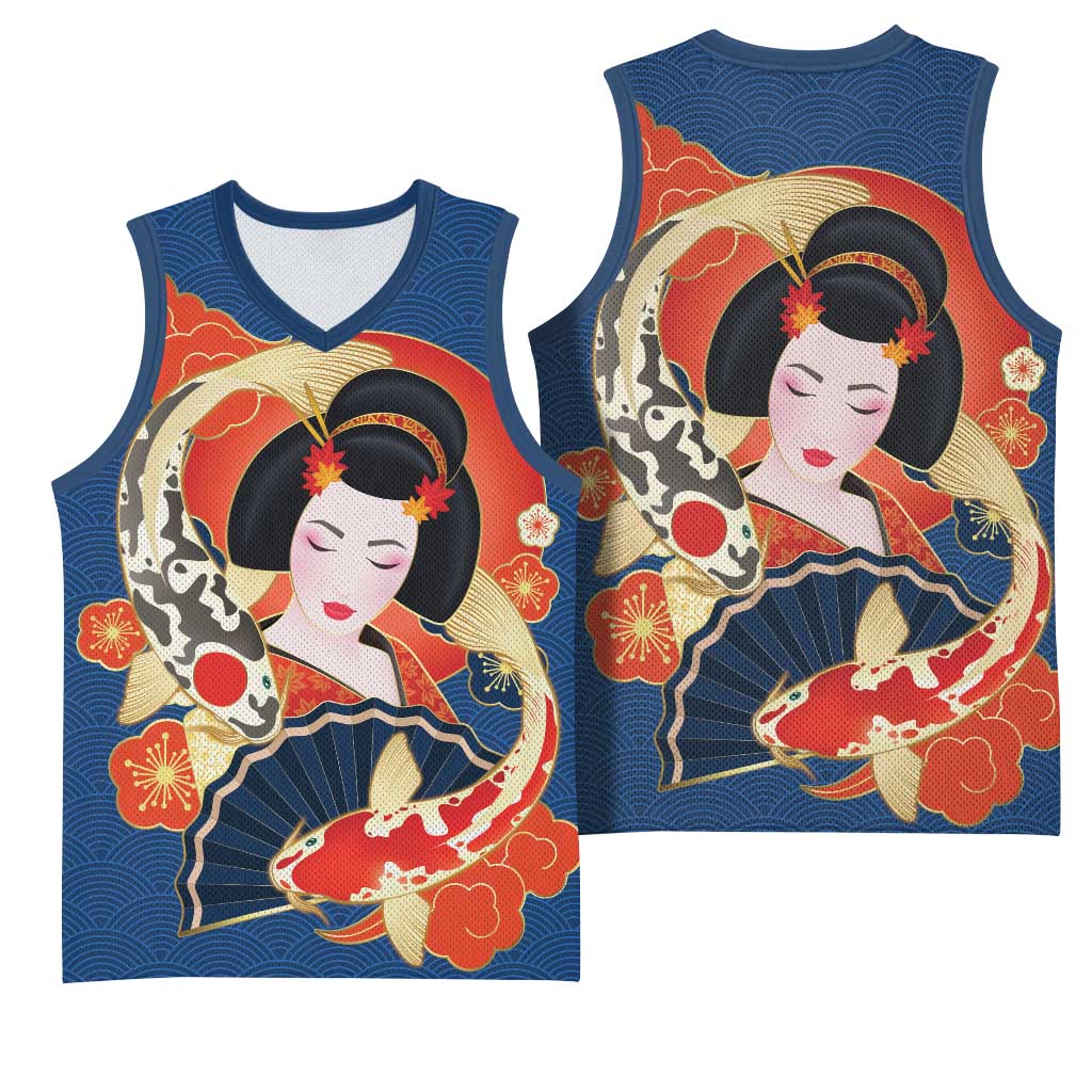 Japanese Geisha Koi Fish Basketball Jersey Cherry Blossoms Blue Seigaiha Pattern - Polynesian Pride