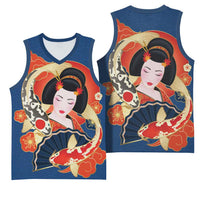 Japanese Geisha Koi Fish Basketball Jersey Cherry Blossoms Blue Seigaiha Pattern - Polynesian Pride