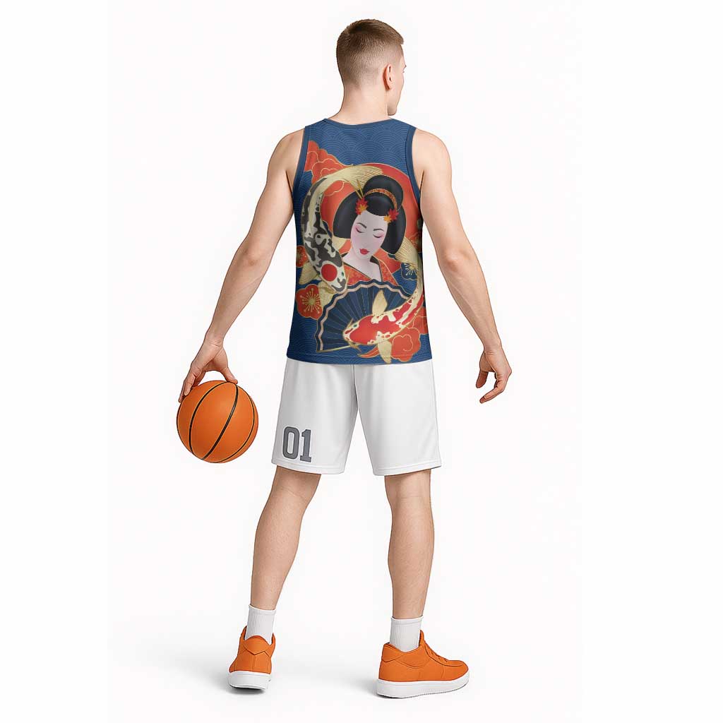 Japanese Geisha Koi Fish Basketball Jersey Cherry Blossoms Blue Seigaiha Pattern - Polynesian Pride