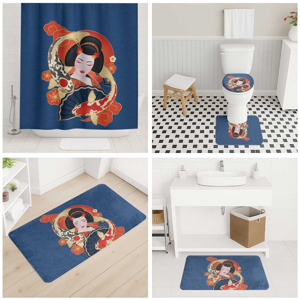Japanese Geisha Koi Fish Bathroom Set Cherry Blossoms Blue Seigaiha Pattern - Polynesian Pride