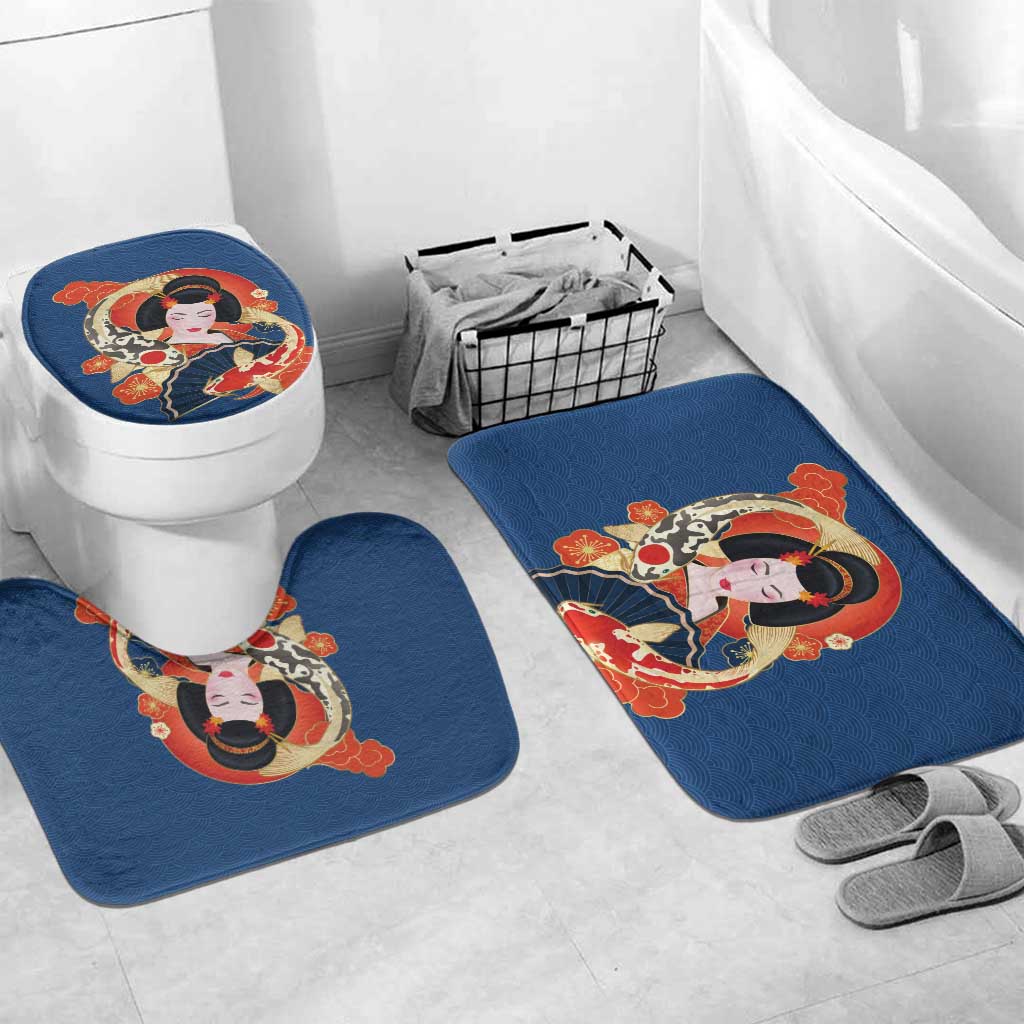Japanese Geisha Koi Fish Bathroom Set Cherry Blossoms Blue Seigaiha Pattern - Polynesian Pride