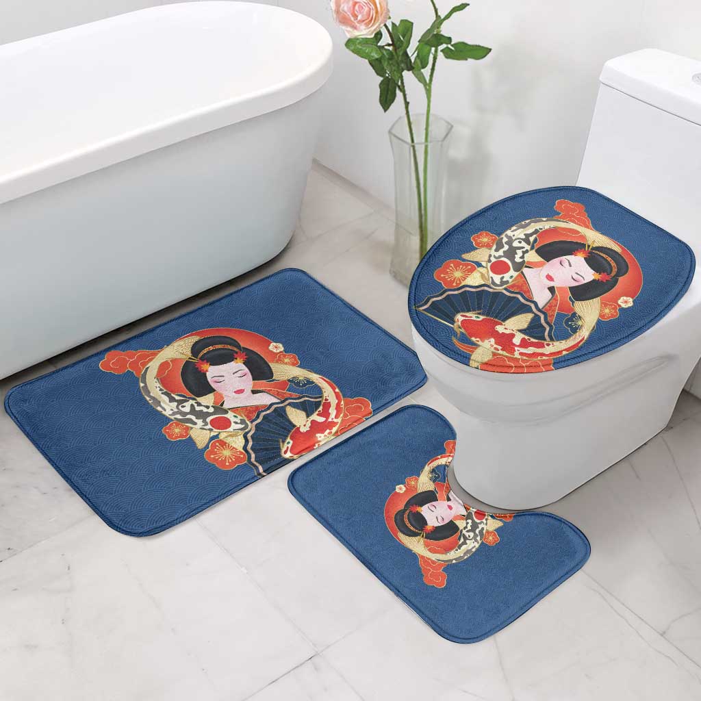 Japanese Geisha Koi Fish Bathroom Set Cherry Blossoms Blue Seigaiha Pattern - Polynesian Pride