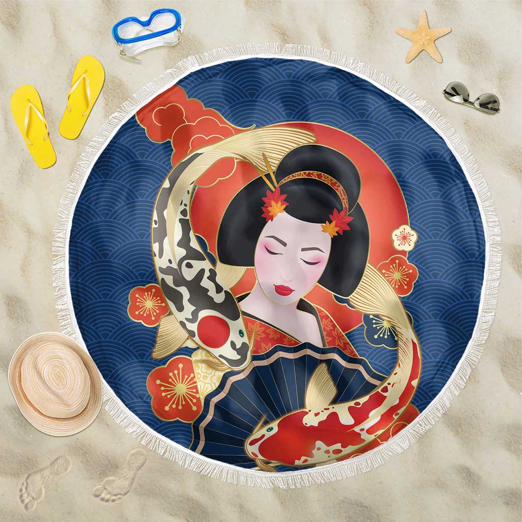 Japanese Geisha Koi Fish Beach Blanket Cherry Blossoms Blue Seigaiha Pattern LT14 One Size 150cm Blue - Polynesian Pride