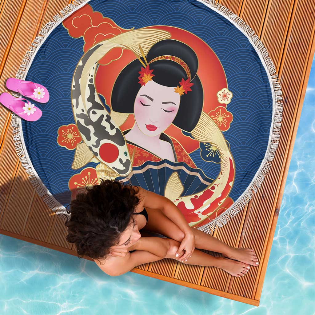 Japanese Geisha Koi Fish Beach Blanket Cherry Blossoms Blue Seigaiha Pattern LT14 - Polynesian Pride