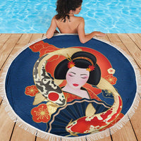 Japanese Geisha Koi Fish Beach Blanket Cherry Blossoms Blue Seigaiha Pattern LT14 - Polynesian Pride