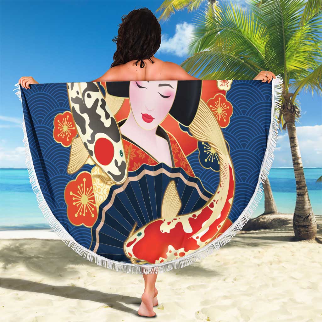 Japanese Geisha Koi Fish Beach Blanket Cherry Blossoms Blue Seigaiha Pattern LT14 - Polynesian Pride