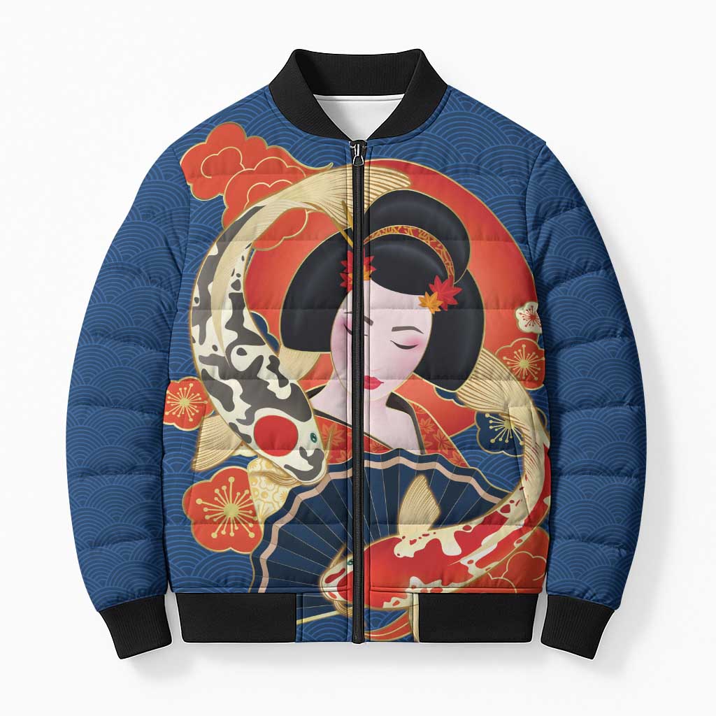 Japanese Geisha Koi Fish Bomber Puffer Jacket Cherry Blossoms Blue Seigaiha Pattern LT14 Unisex Blue - Polynesian Pride
